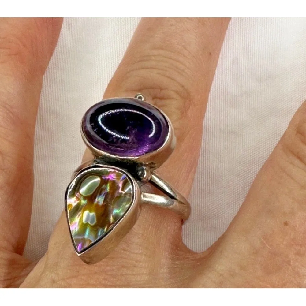 Nightbreed Creations Ring Amethyst Abalone Shell Sterling Silver 925‎ Sz 7 MOD